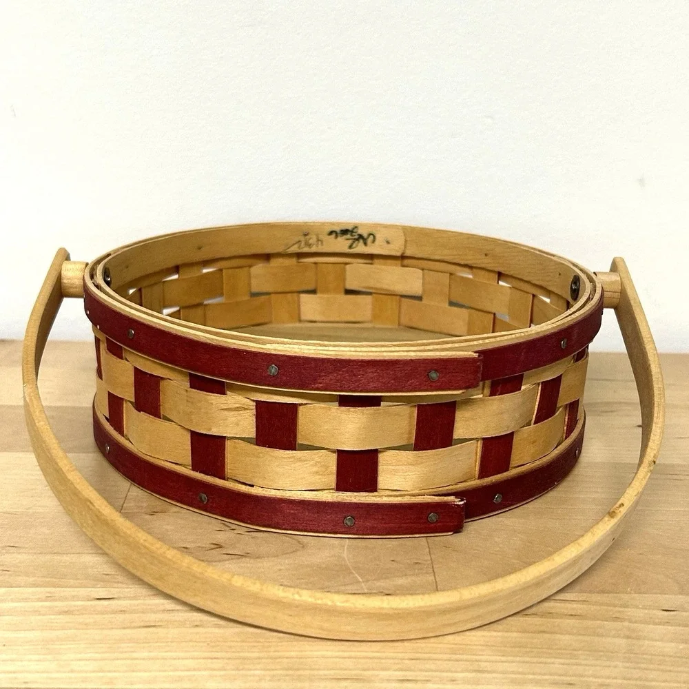 Vtg Longaberger Small Pie Basket Cherry Red Checkered Woven Swing Handle 2006
